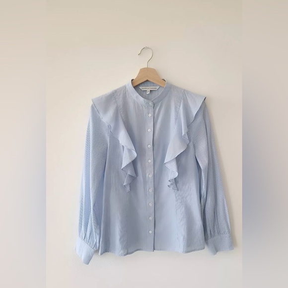 Cupcakes & Cashmere Striped Button Down Top Blue White Ruffled Size XS NWT - Picture 12 of 12